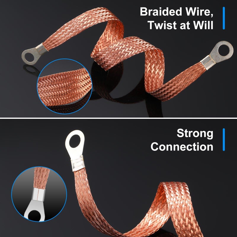 Yaocom 12 قطعة من الأشرطة الأرضية العالمية للسيارات من Yaocom، طقم حزام أرضي للمحرك 10/15/20 بوصة مع أطراف حلقية، أشرطة كابل تأريض للمحرك النحاسي المضفر لمعظم السيارات - Image 4